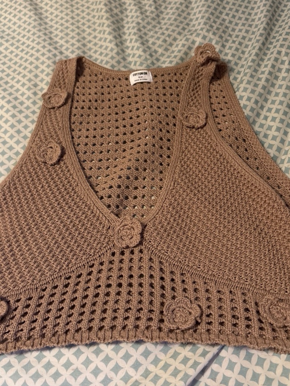 Cotton On Taupe Crochet V-Neck Tank with Floral Motifs